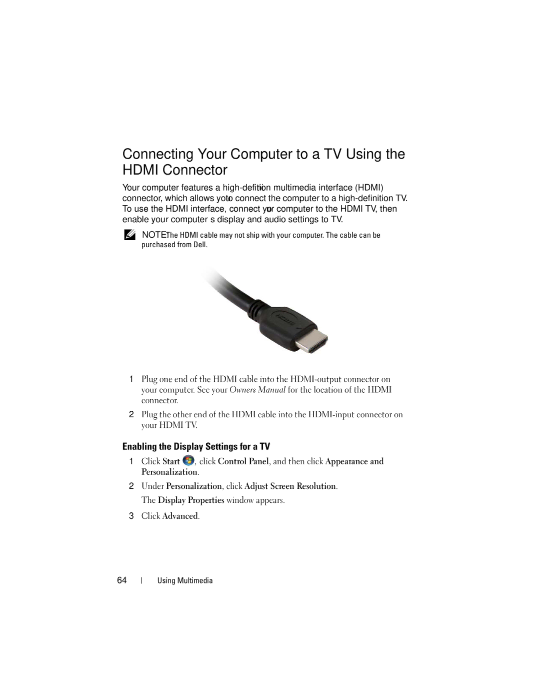 Dell RW491 owner manual Connecting Your Computer to a TV Using the Hdmi Connector, Enabling the Display Settings for a TV 