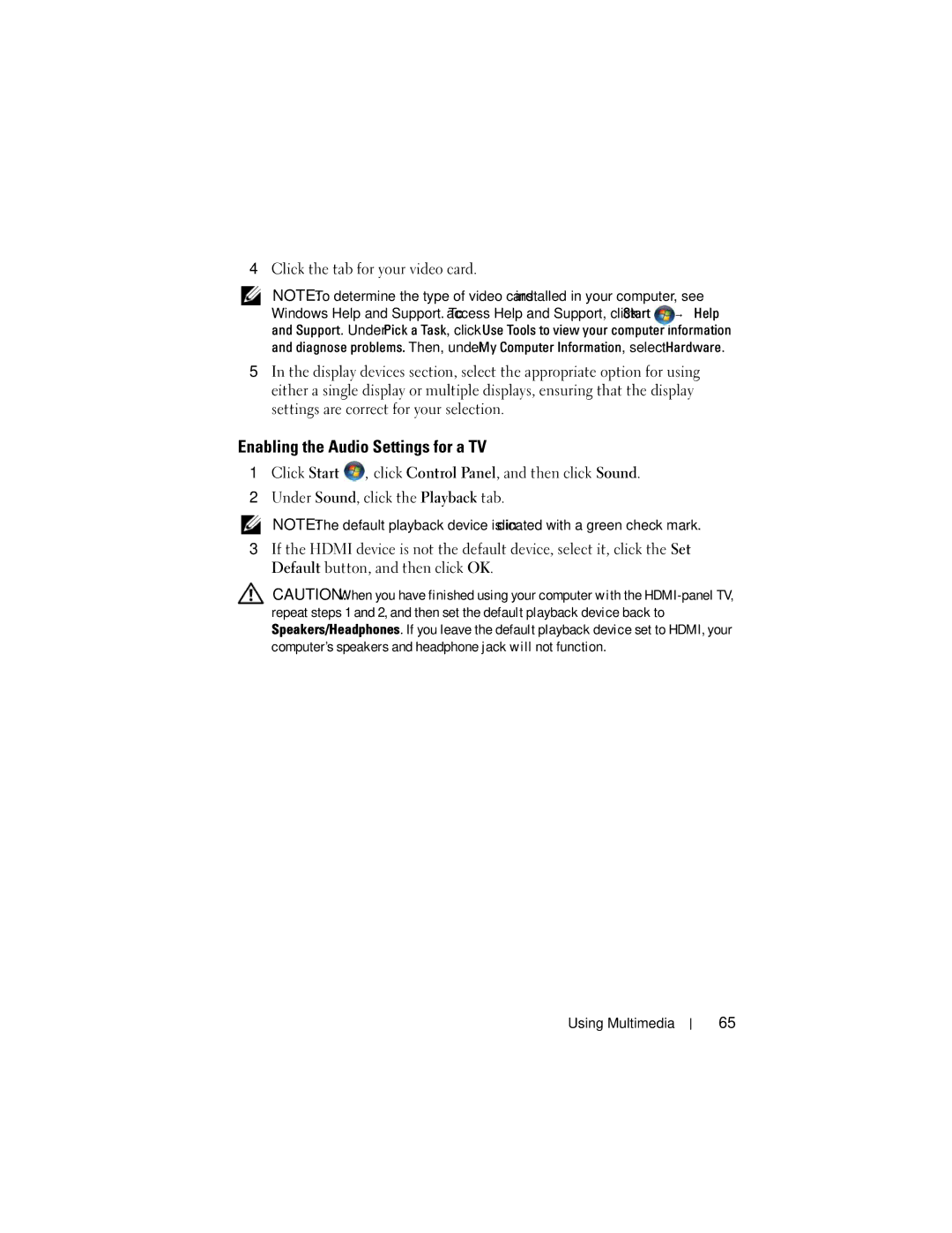 Dell RW491 owner manual Enabling the Audio Settings for a TV 