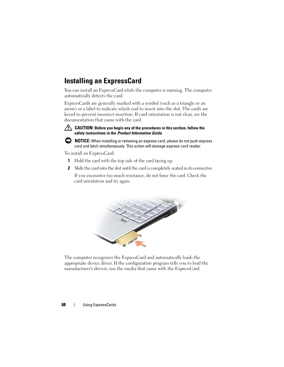 Dell RW491 owner manual Installing an ExpressCard 