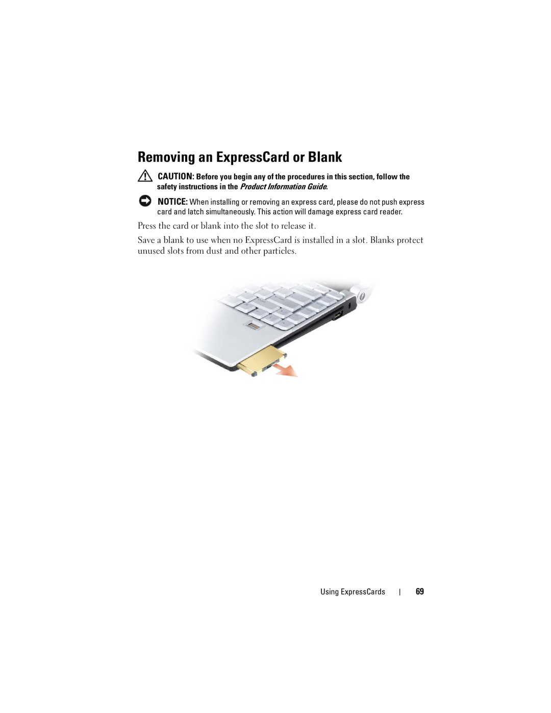 Dell RW491 owner manual Removing an ExpressCard or Blank 