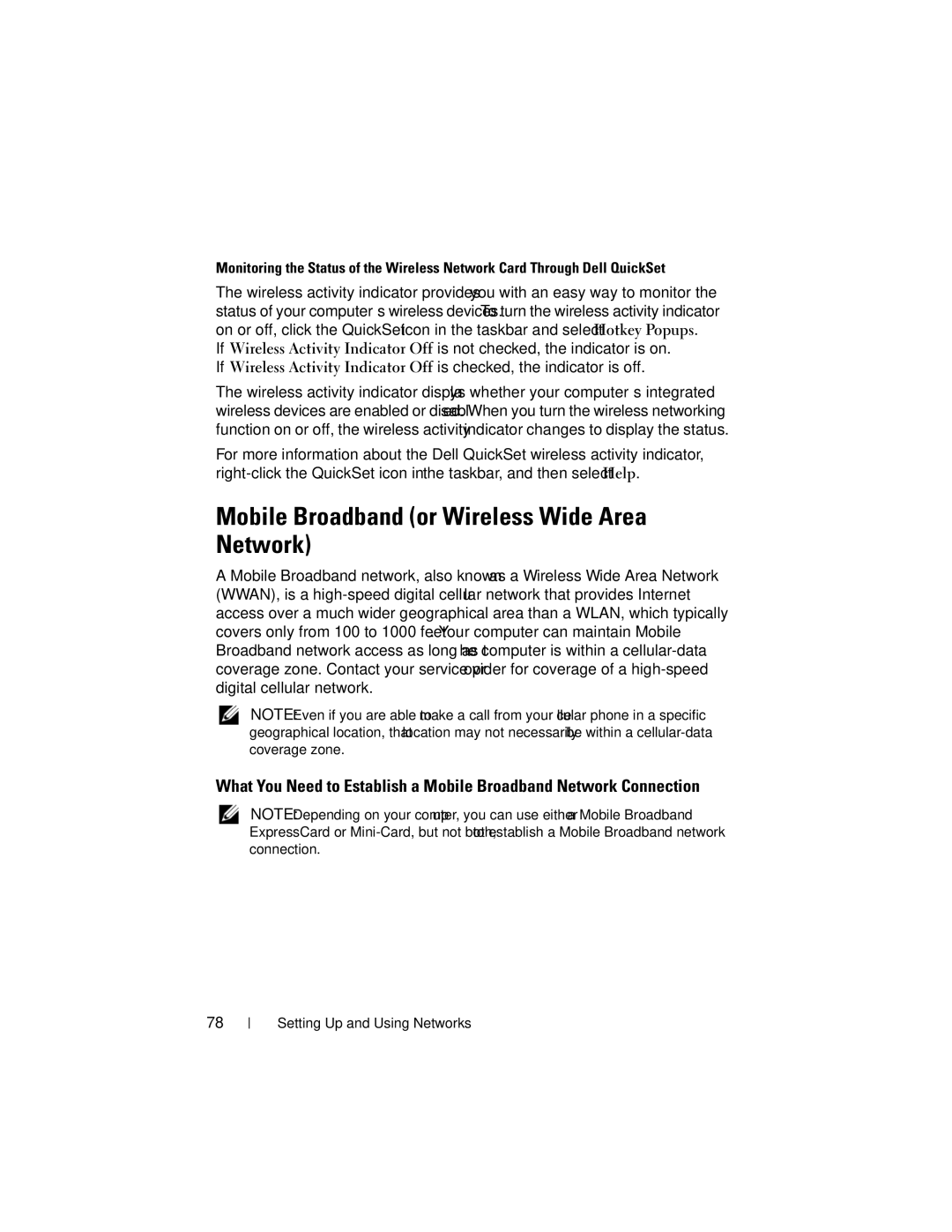 Dell RW491 owner manual Mobile Broadband or Wireless Wide Area Network 