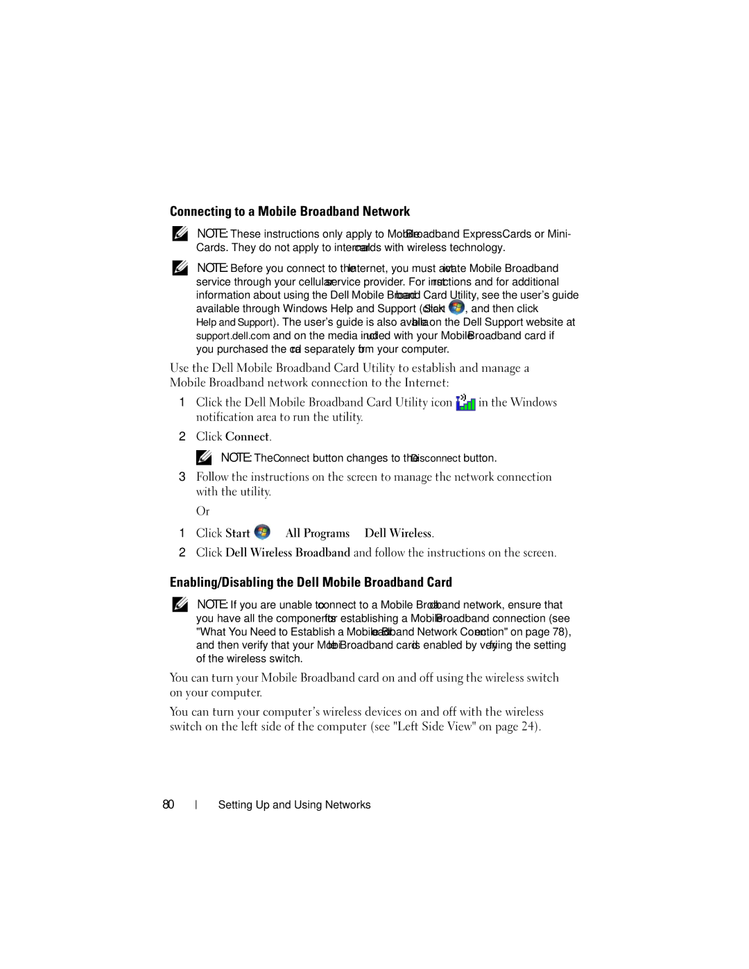 Dell RW491 owner manual Connecting to a Mobile Broadband Network, Enabling/Disabling the Dell Mobile Broadband Card 