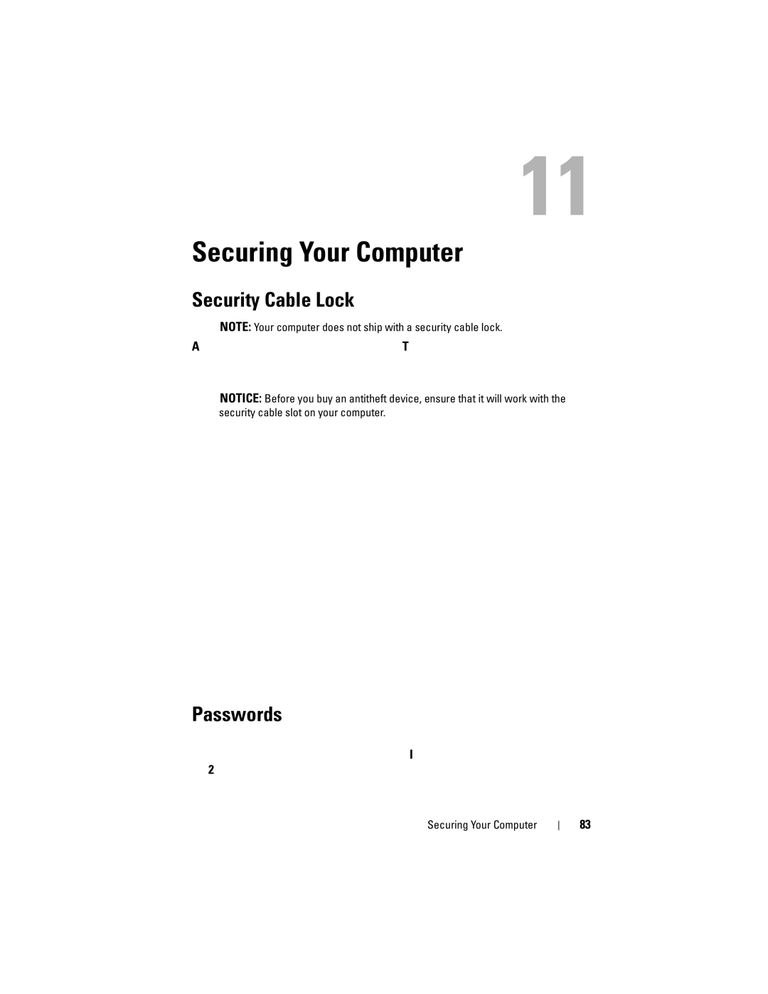 Dell RW491 owner manual Securing Your Computer, Security Cable Lock, Passwords 