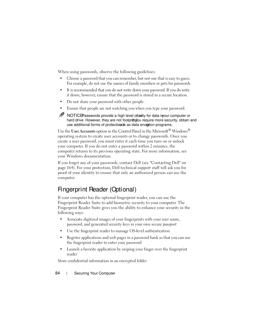 Dell RW491 owner manual Fingerprint Reader Optional, When using passwords, observe the following guidelines 