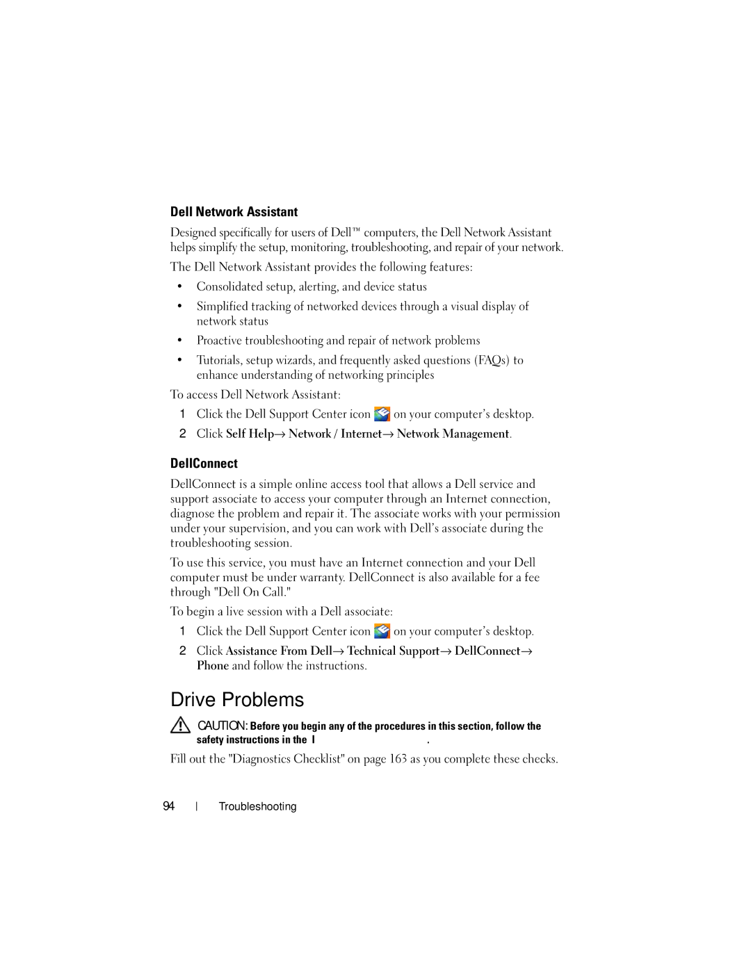 Dell RW491 owner manual Drive Problems, Dell Network Assistant, DellConnect 