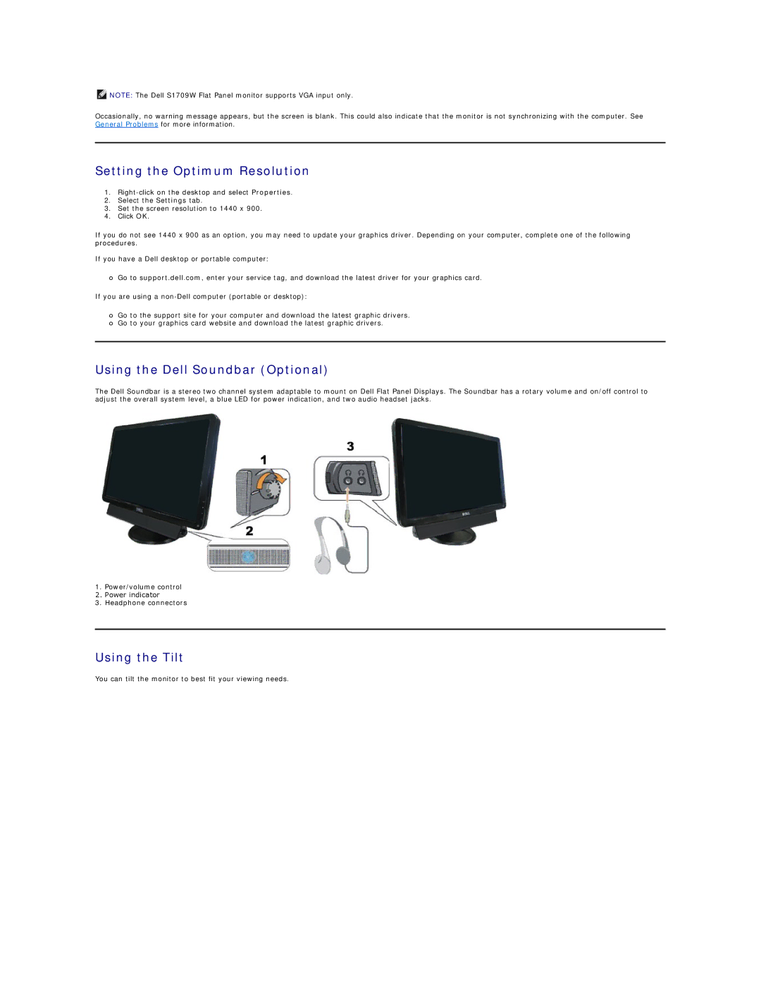 Dell S1709W appendix Setting the Optimum Resolution, Using the Dell Soundbar Optional, Using the Tilt 