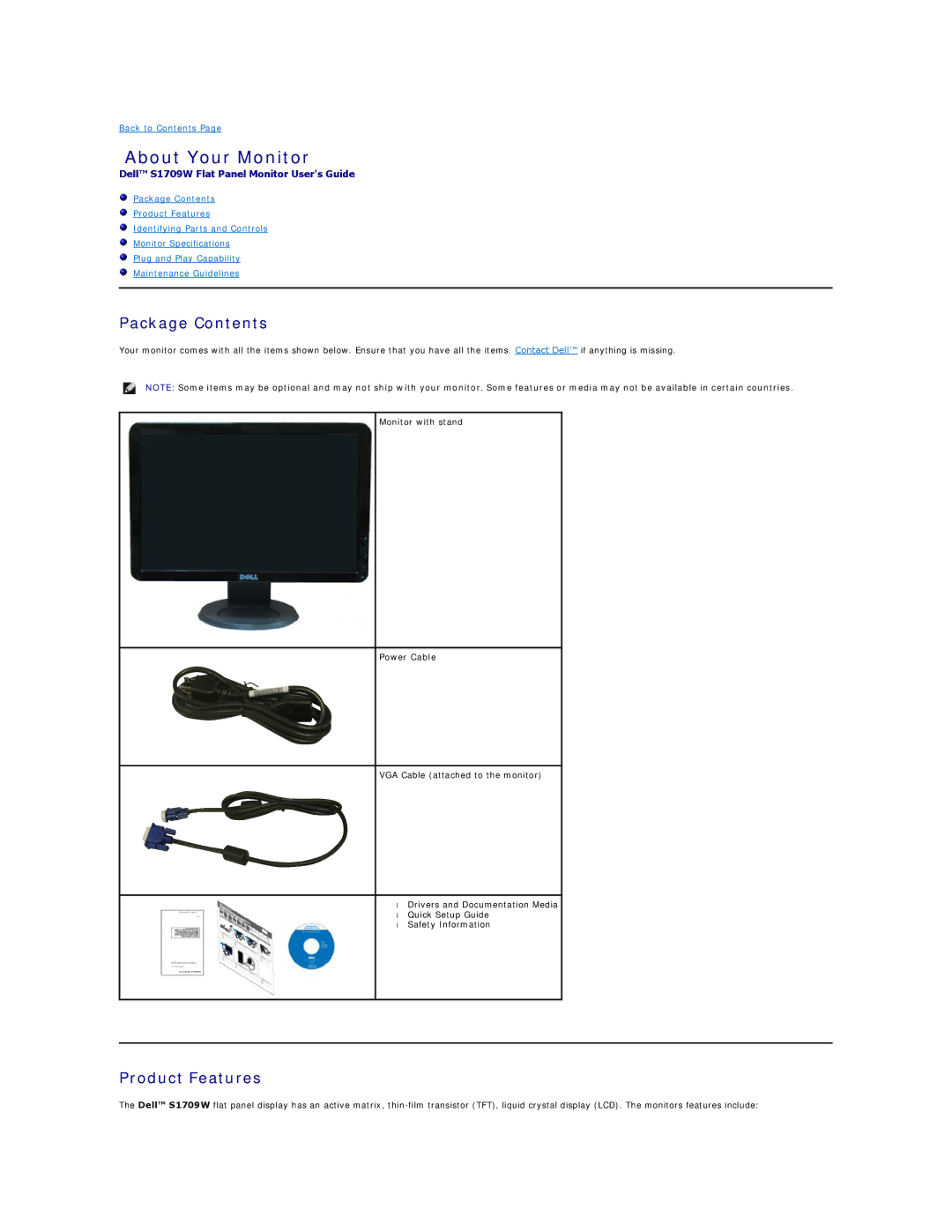 Dell S1709W appendix About Your Monitor, Package Contents, Product Features 