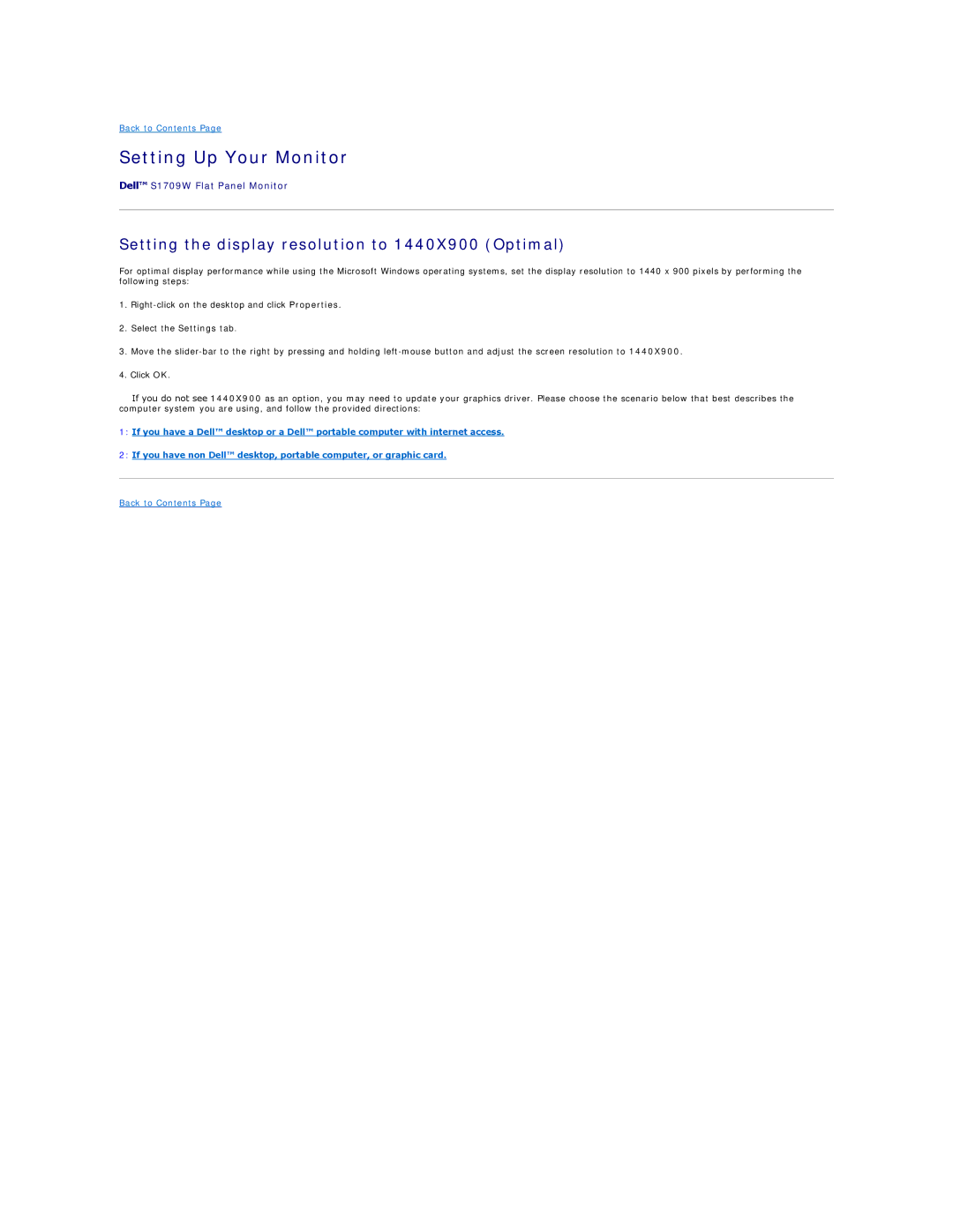 Dell S1709W appendix Setting Up Your Monitor, Setting the display resolution to 1440X900 Optimal 
