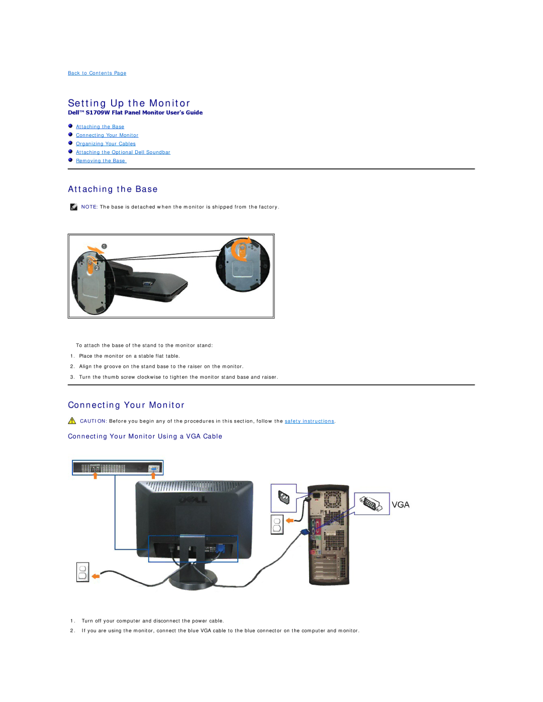 Dell S1709W appendix Setting Up the Monitor, Attaching the Base, Connecting Your Monitor 