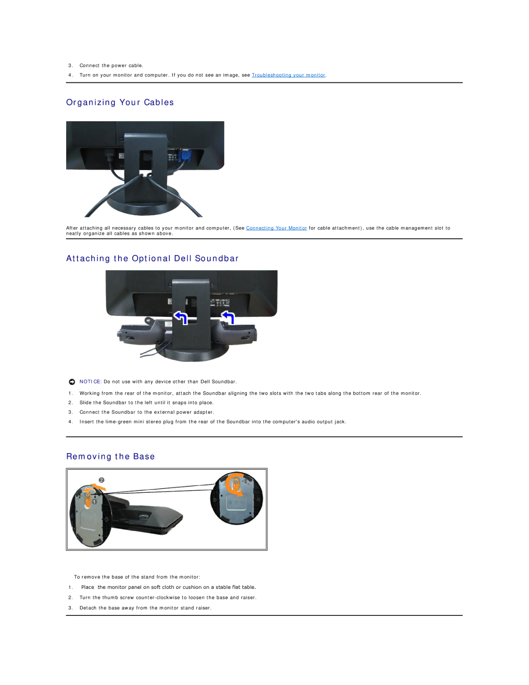 Dell S1709W appendix Organizing Your Cables, Attaching the Optional Dell Soundbar, Removing the Base 