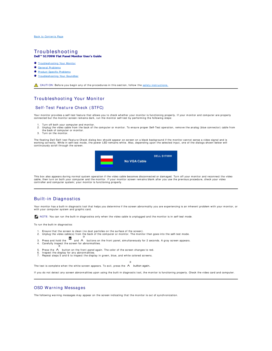 Dell S1709W appendix Troubleshooting Your Monitor, Built-in Diagnostics, Self-Test Feature Check Stfc 