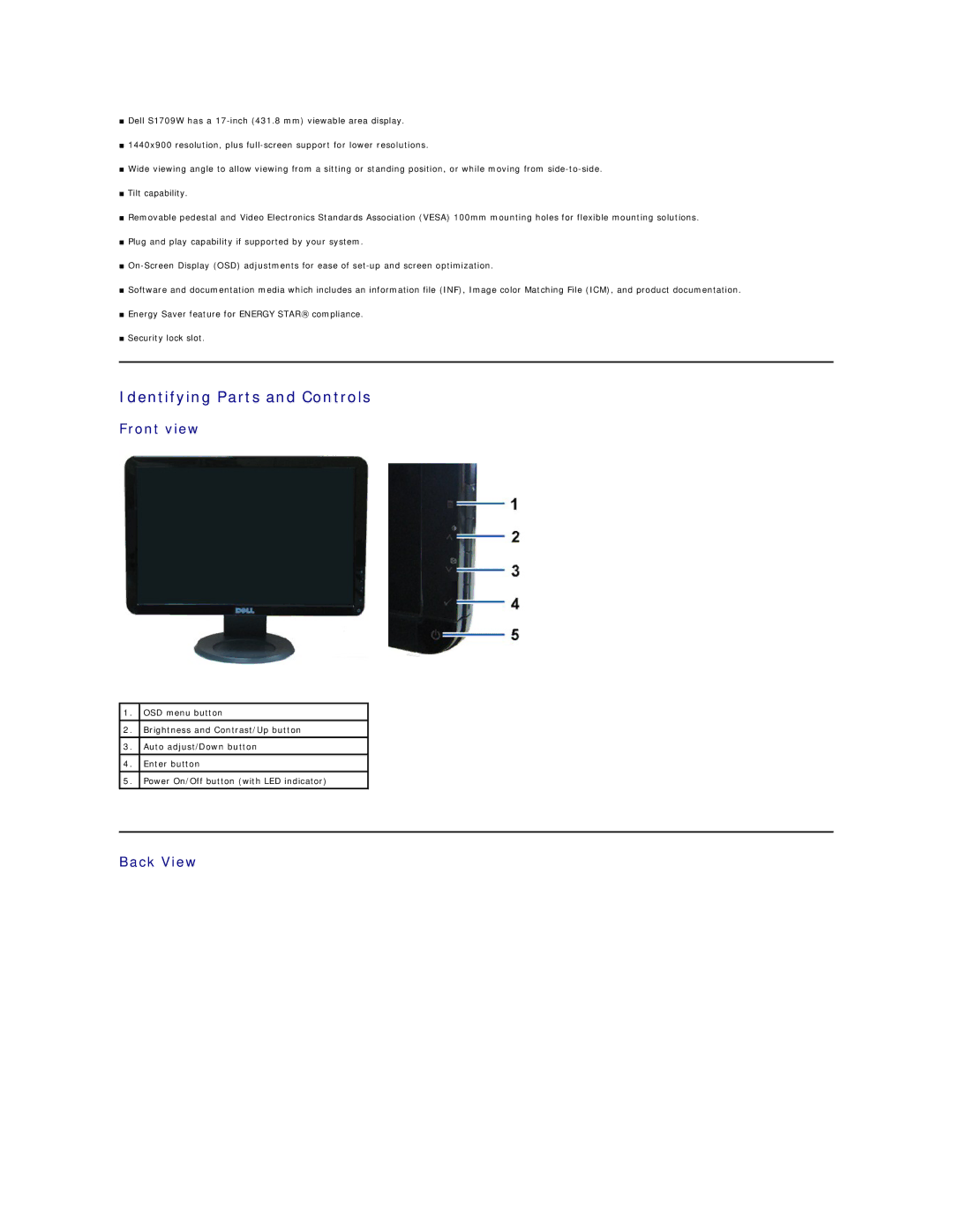 Dell S1709W appendix Identifying Parts and Controls, Front view, Back View 