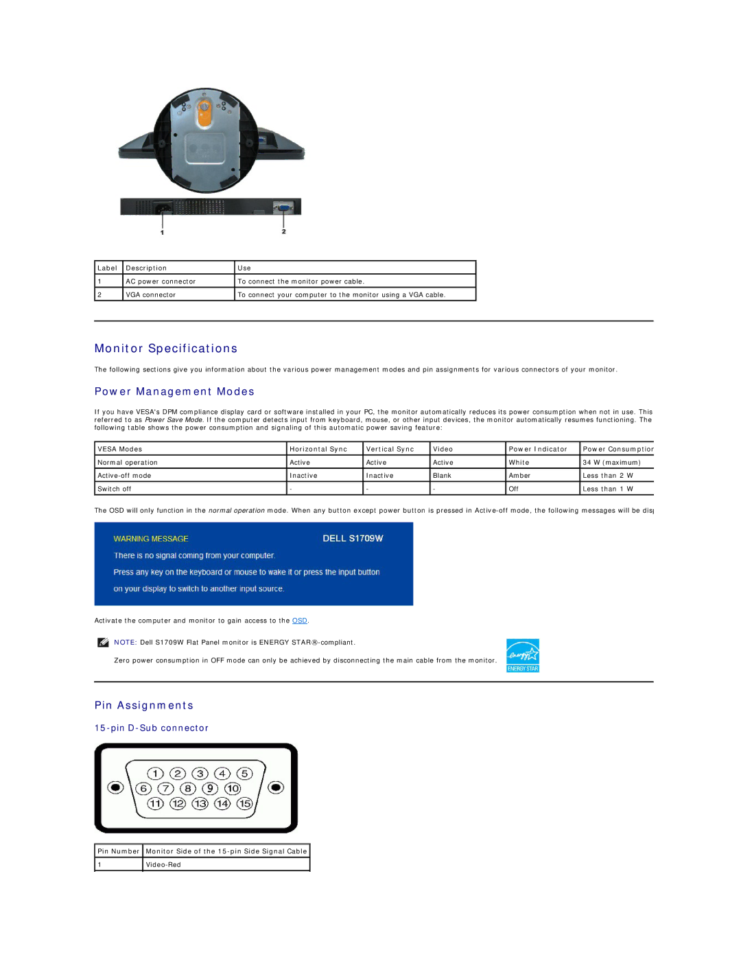 Dell S1709W appendix Monitor Specifications, Power Management Modes, Pin Assignments 