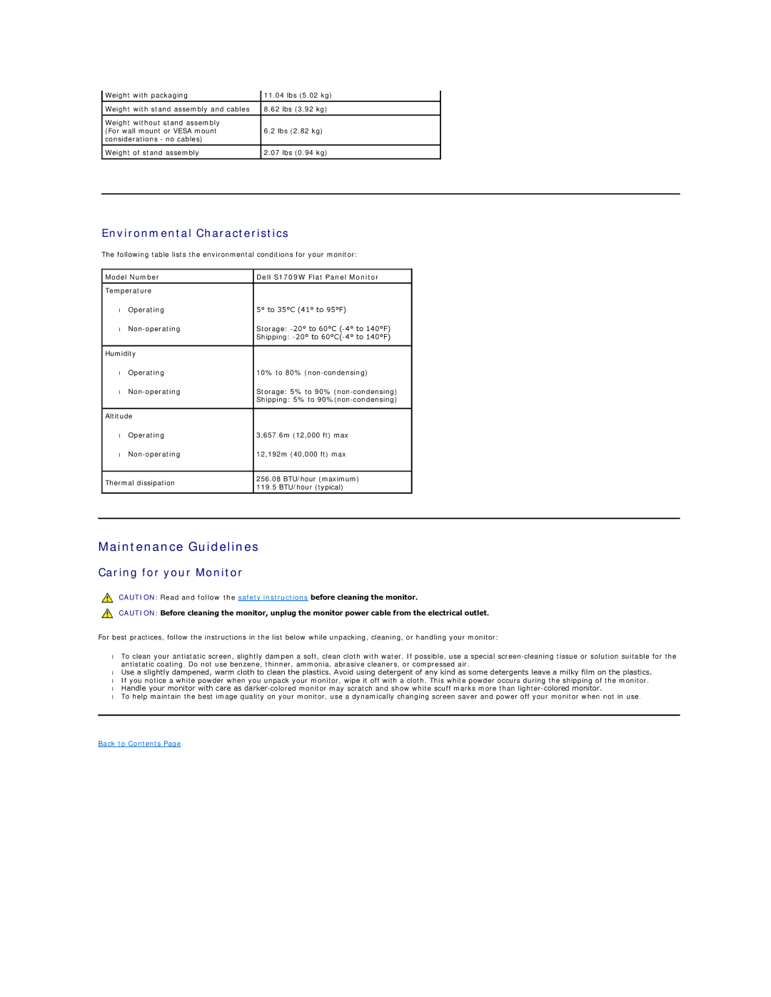 Dell S1709W appendix Maintenance Guidelines, Environmental Characteristics, Caring for your Monitor 