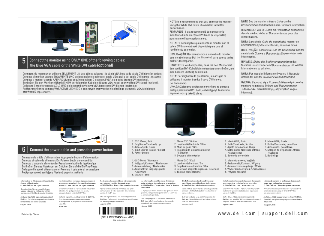 Dell S1909W manual T045G rev. A00, Août, August Agosto, Sierpień 