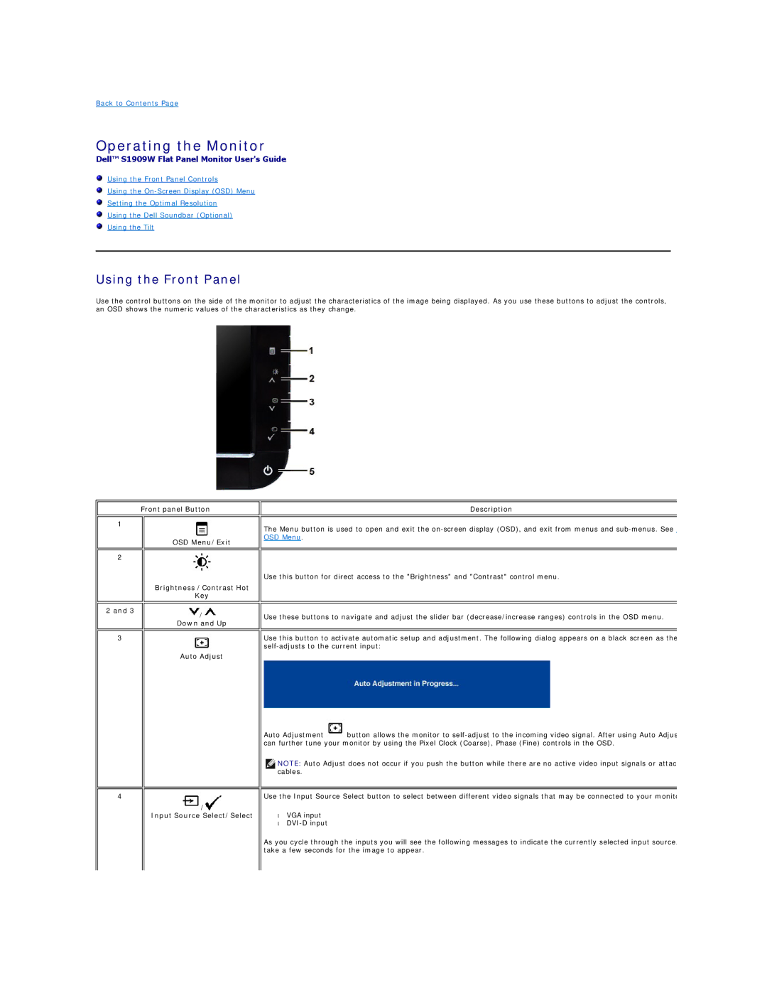 Dell S1909W appendix Operating the Monitor, Using the Front Panel, Input Source Select/Select 