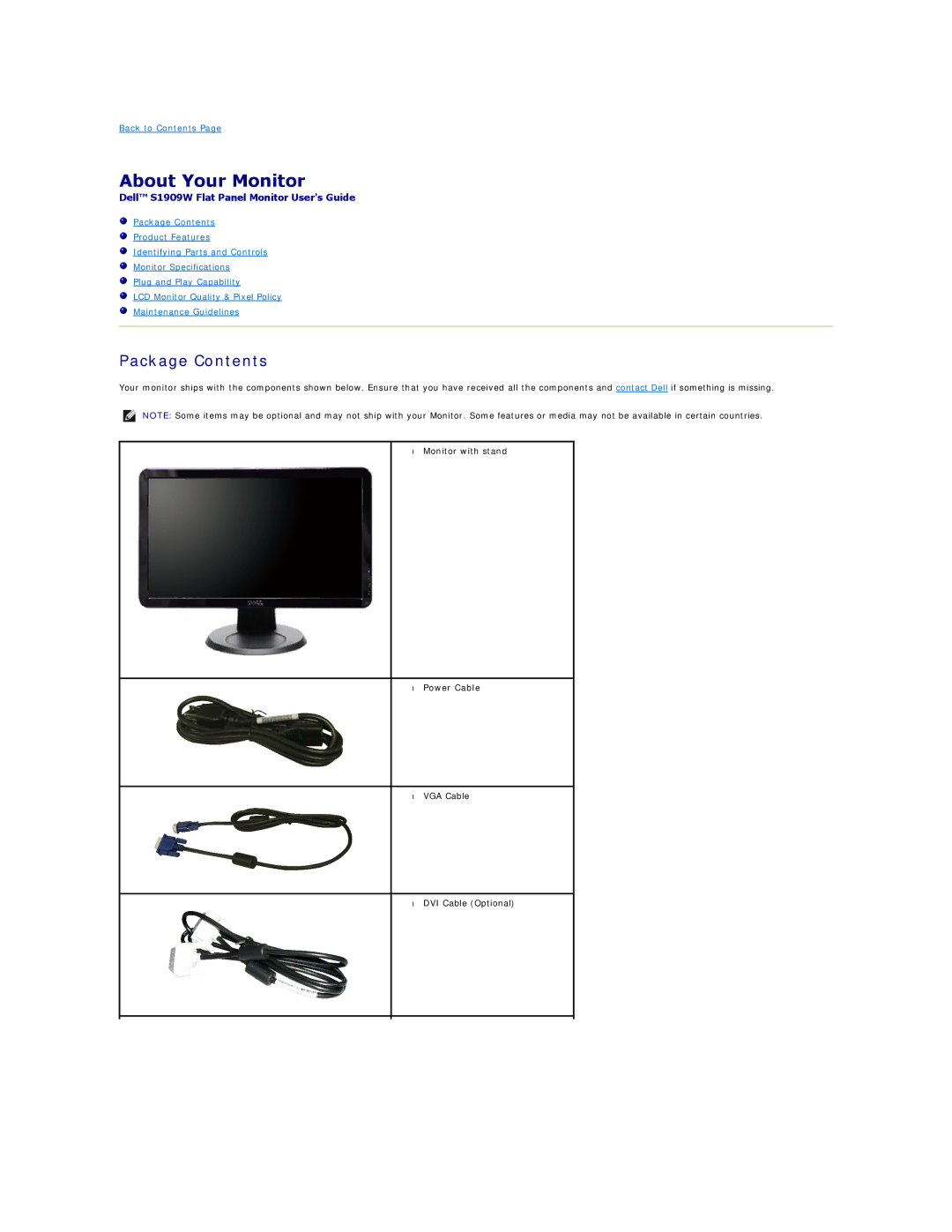 Dell S1909W appendix About Your Monitor, Package Contents 