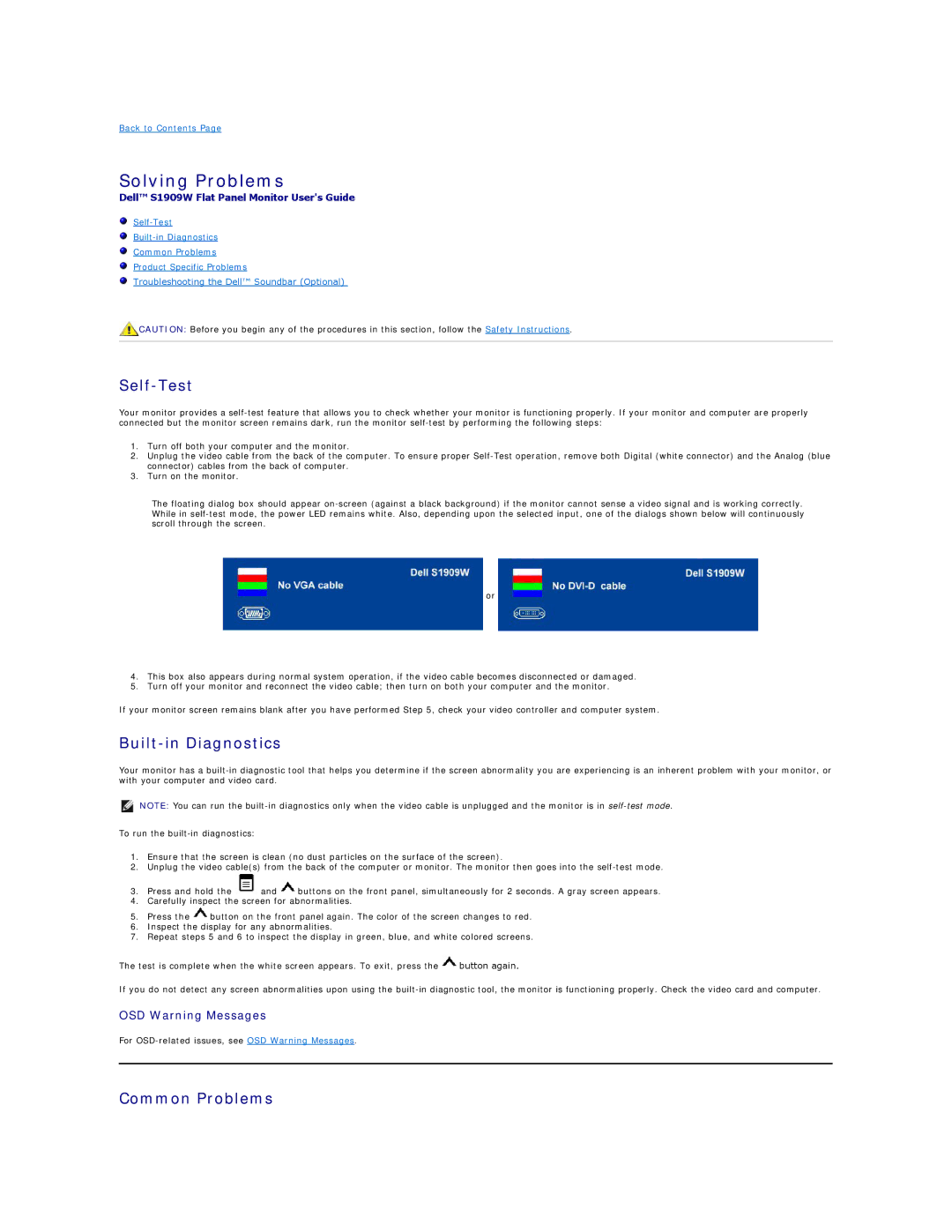 Dell S1909W appendix Solving Problems, Self-Test, Built-in Diagnostics, Common Problems 