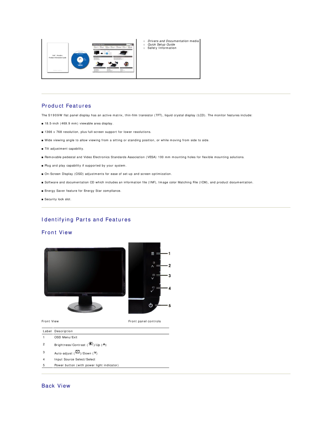 Dell S1909W appendix Product Features, Identifying Parts and Features Front View, Back View 