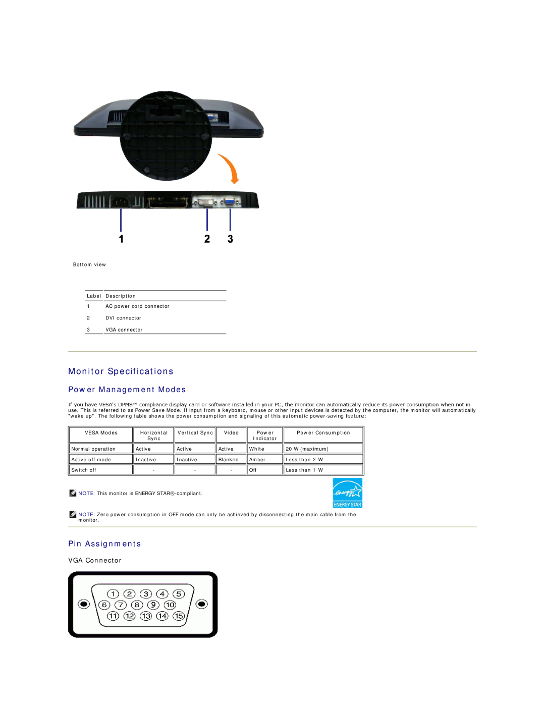 Dell S1909W appendix Monitor Specifications, Power Management Modes, Pin Assignments 