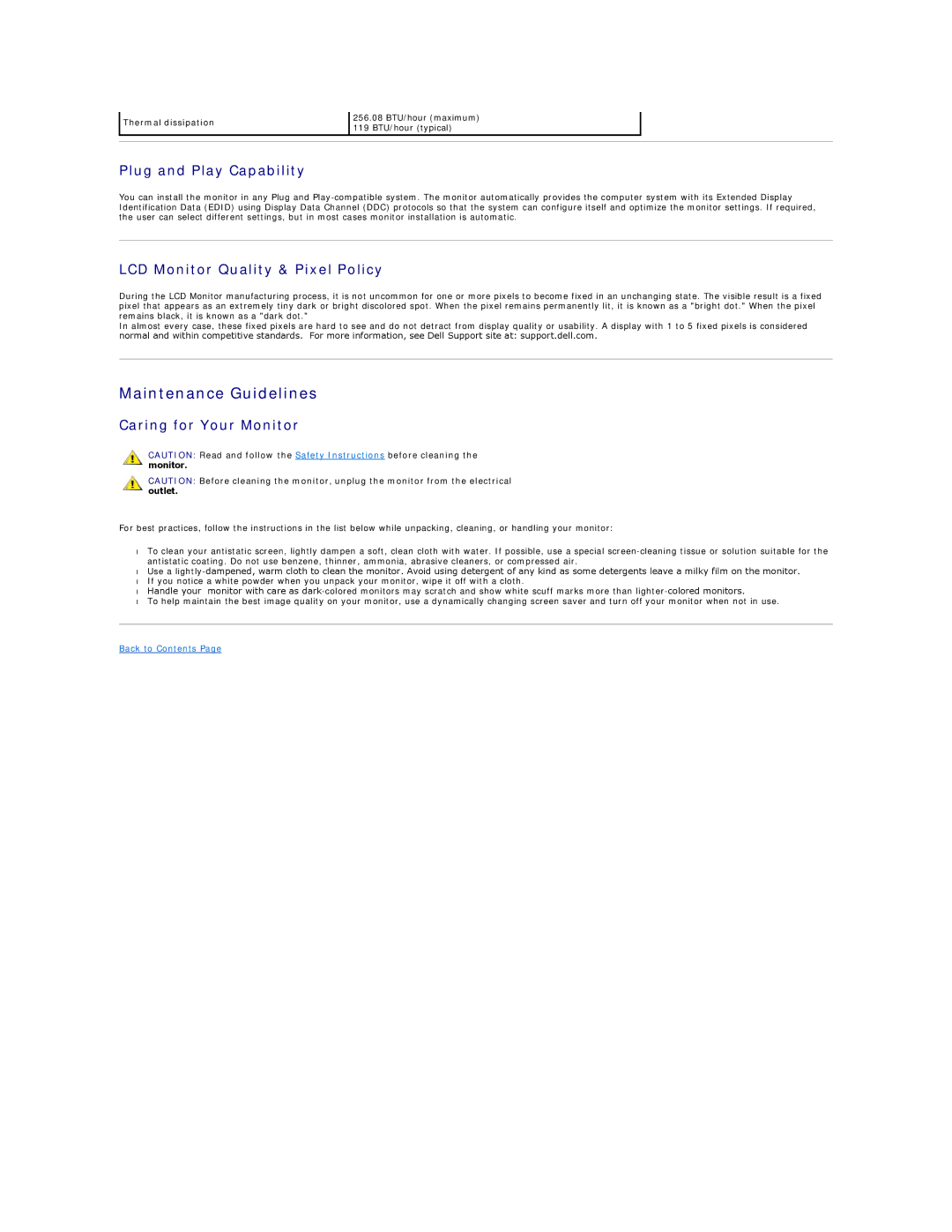 Dell S1909W Maintenance Guidelines, Plug and Play Capability, LCD Monitor Quality & Pixel Policy, Caring for Your Monitor 