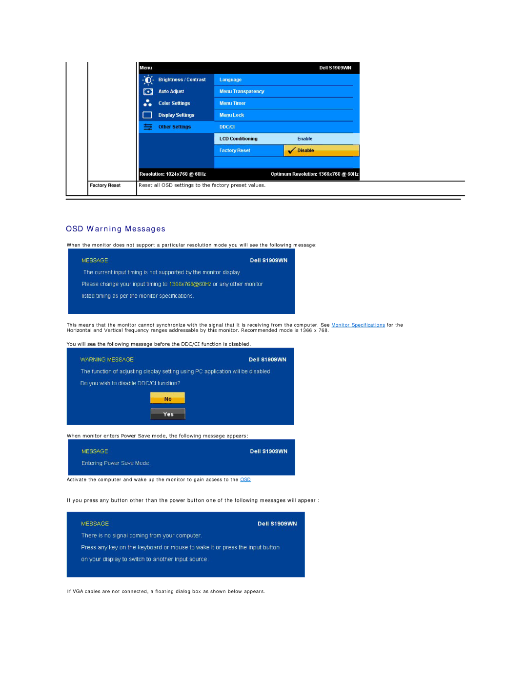 Dell S1909WN appendix OSD Warning Messages 