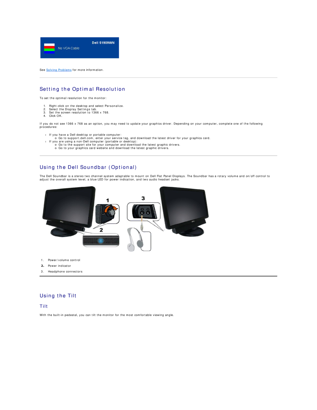 Dell S1909WN appendix Setting the Optimal Resolution, Using the Dell Soundbar Optional, Using the Tilt 