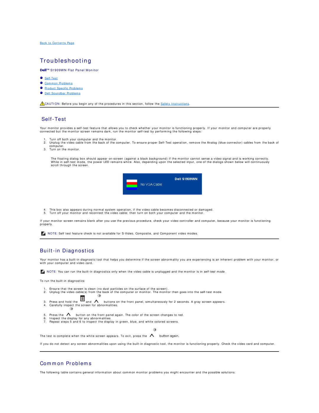 Dell S1909WN appendix Troubleshooting, Self-Test, Built-in Diagnostics, Common Problems 