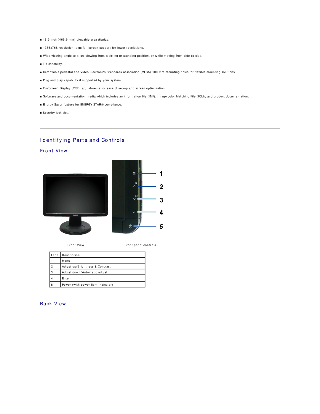 Dell S1909WN appendix Identifying Parts and Controls, Back View, Front View Front panel controls Label Description 