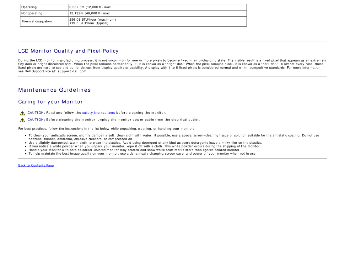 Dell S1909WX appendix Maintenance Guidelines, LCD Monitor Quality and Pixel Policy, Caring for your Monitor 