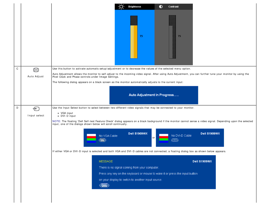 Dell S1909WX appendix Auto Adjust Input select 