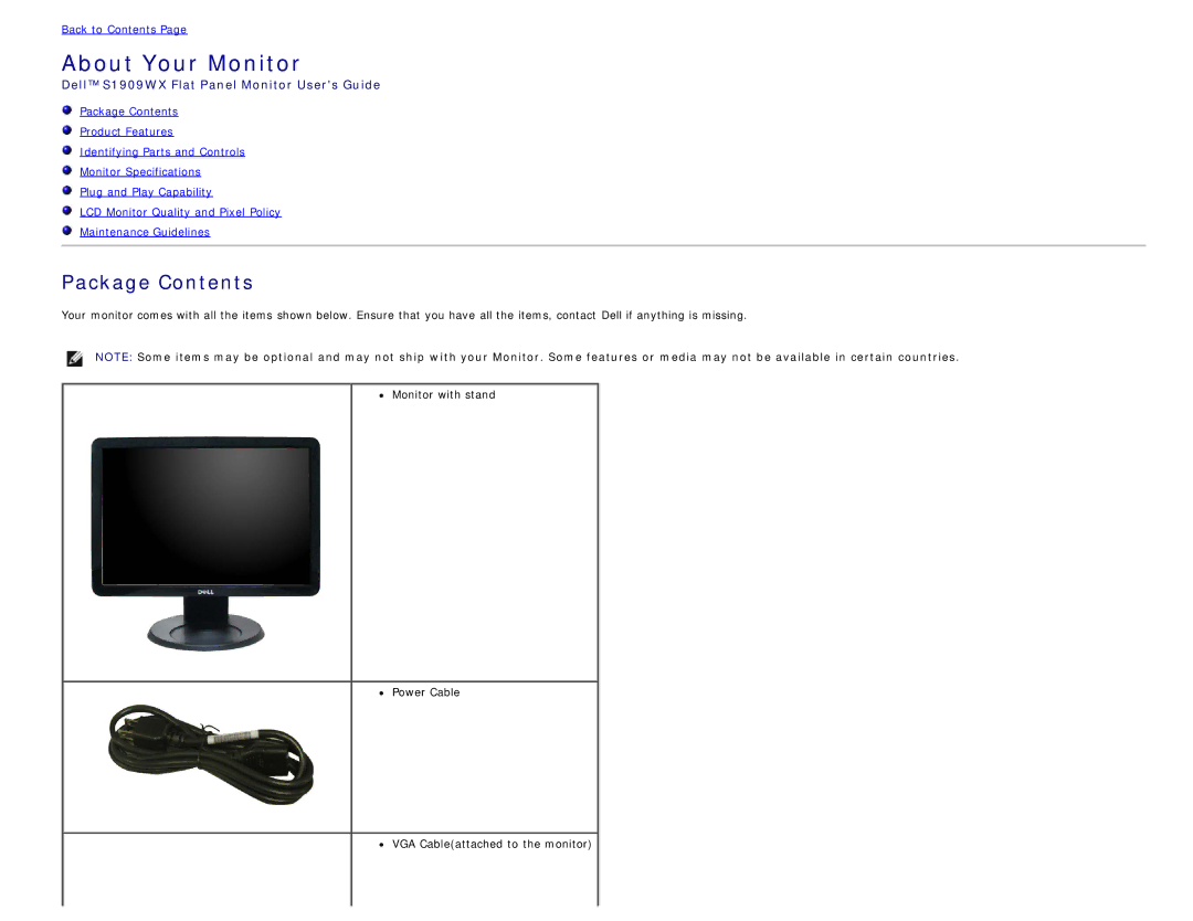 Dell S1909WX appendix About Your Monitor, Package Contents 