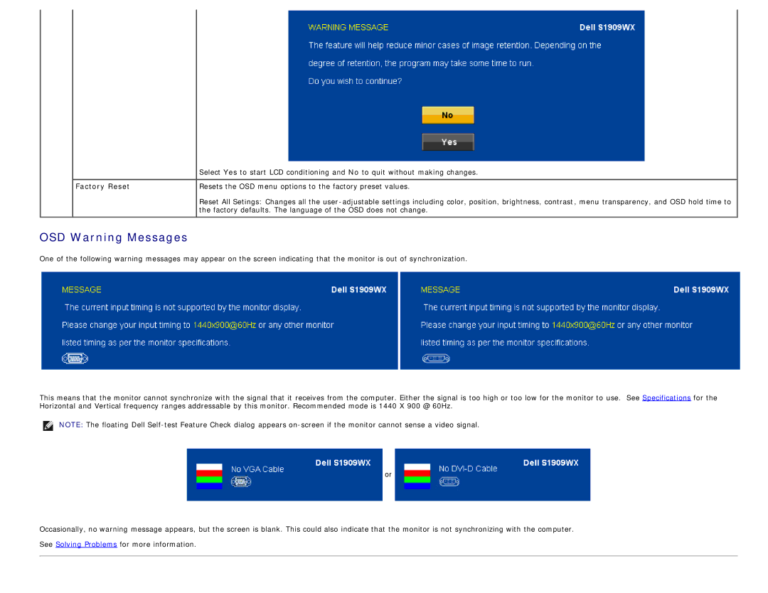 Dell S1909WX appendix OSD Warning Messages, Factory Reset 