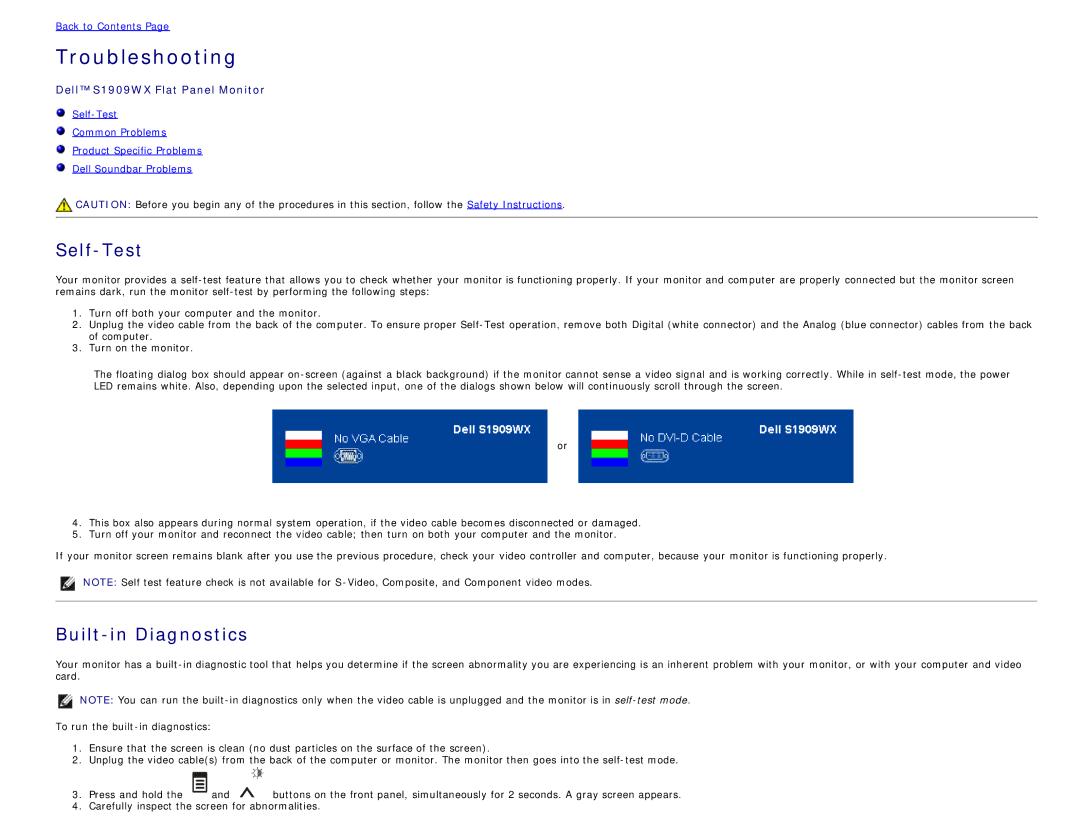 Dell S1909WX appendix Self-Test, Built-in Diagnostics 