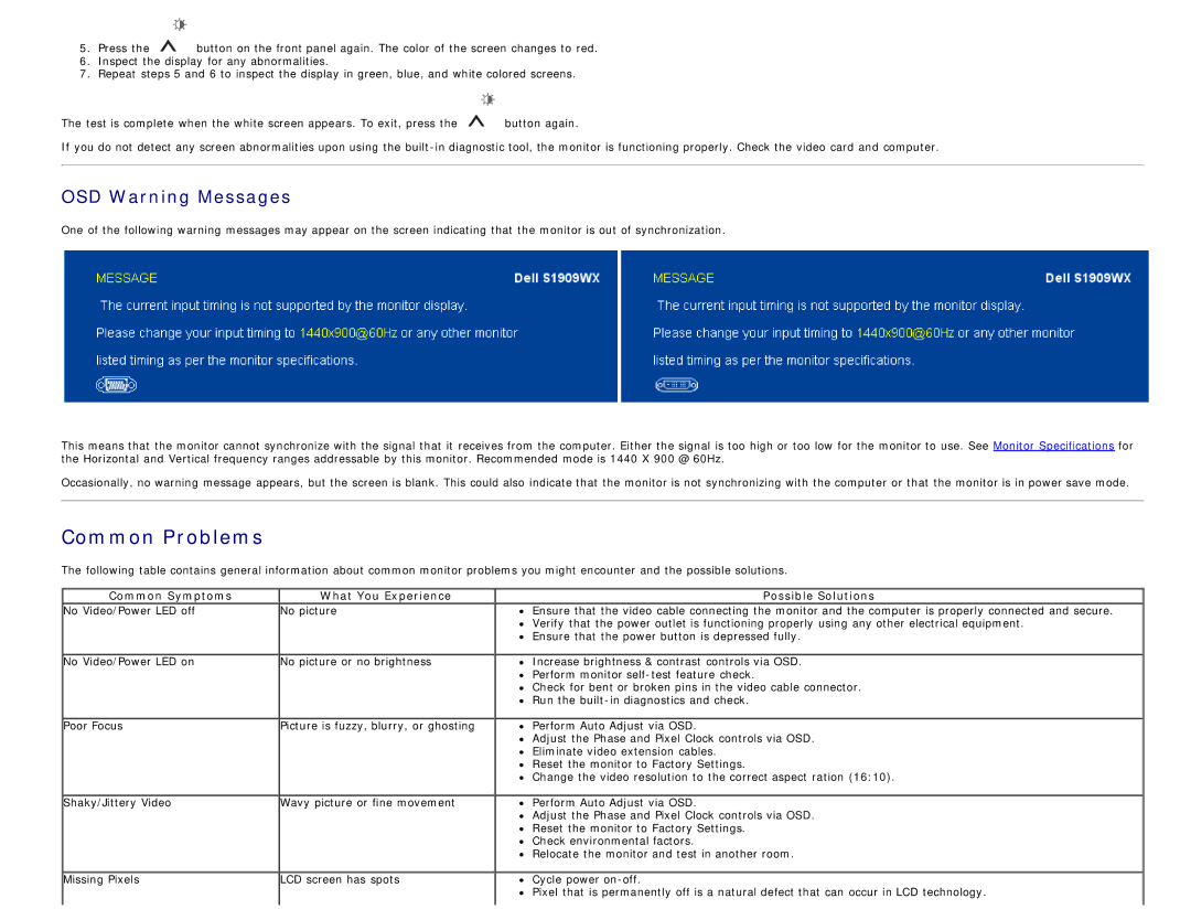 Dell S1909WX appendix Common Problems, Common Symptoms What You Experience Possible Solutions 