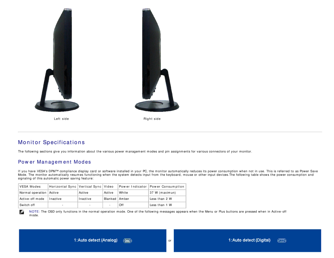 Dell S1909WX appendix Monitor Specifications, Power Management Modes, Left side 