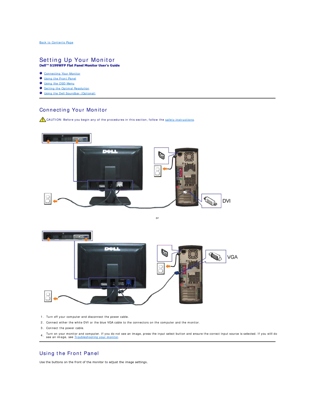 Dell S199WFP appendix Setting Up Your Monitor, Connecting Your Monitor, Using the Front Panel 