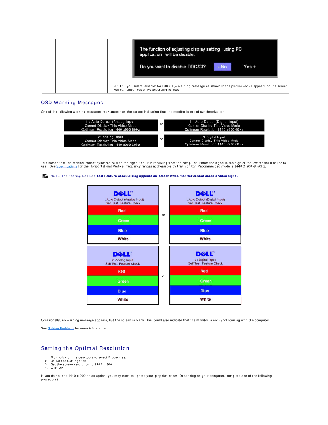 Dell S199WFP appendix Setting the Optimal Resolution, OSD Warning Messages 