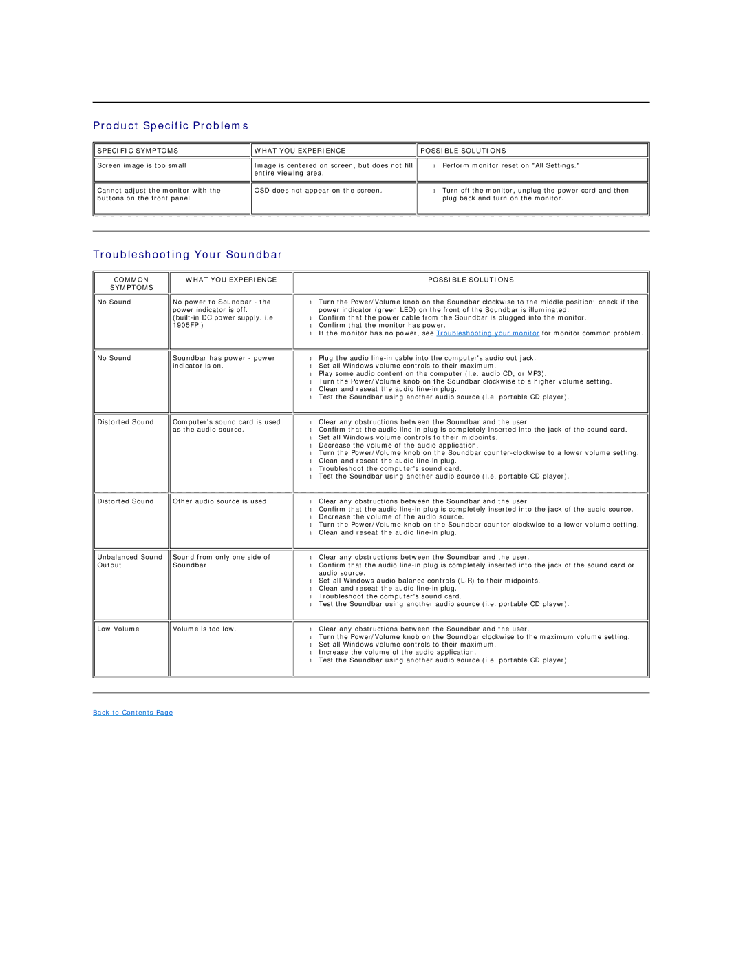 Dell S199WFP appendix Product Specific Problems, Troubleshooting Your Soundbar 