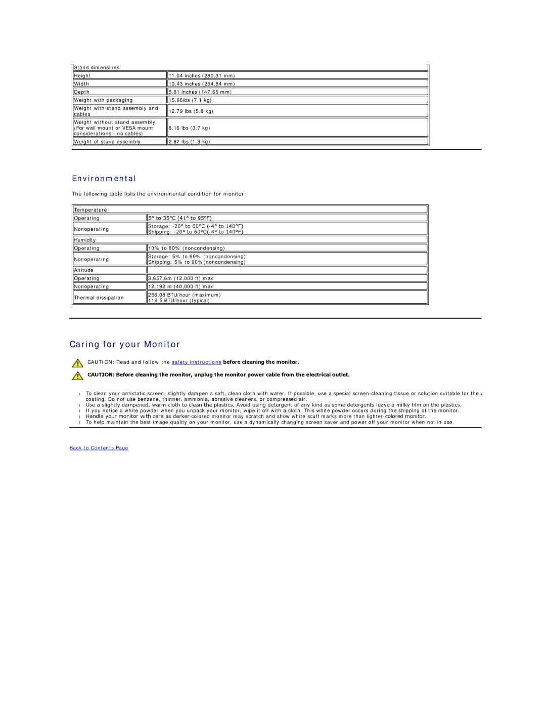 Dell S199WFP appendix Caring for your Monitor, Environmental 