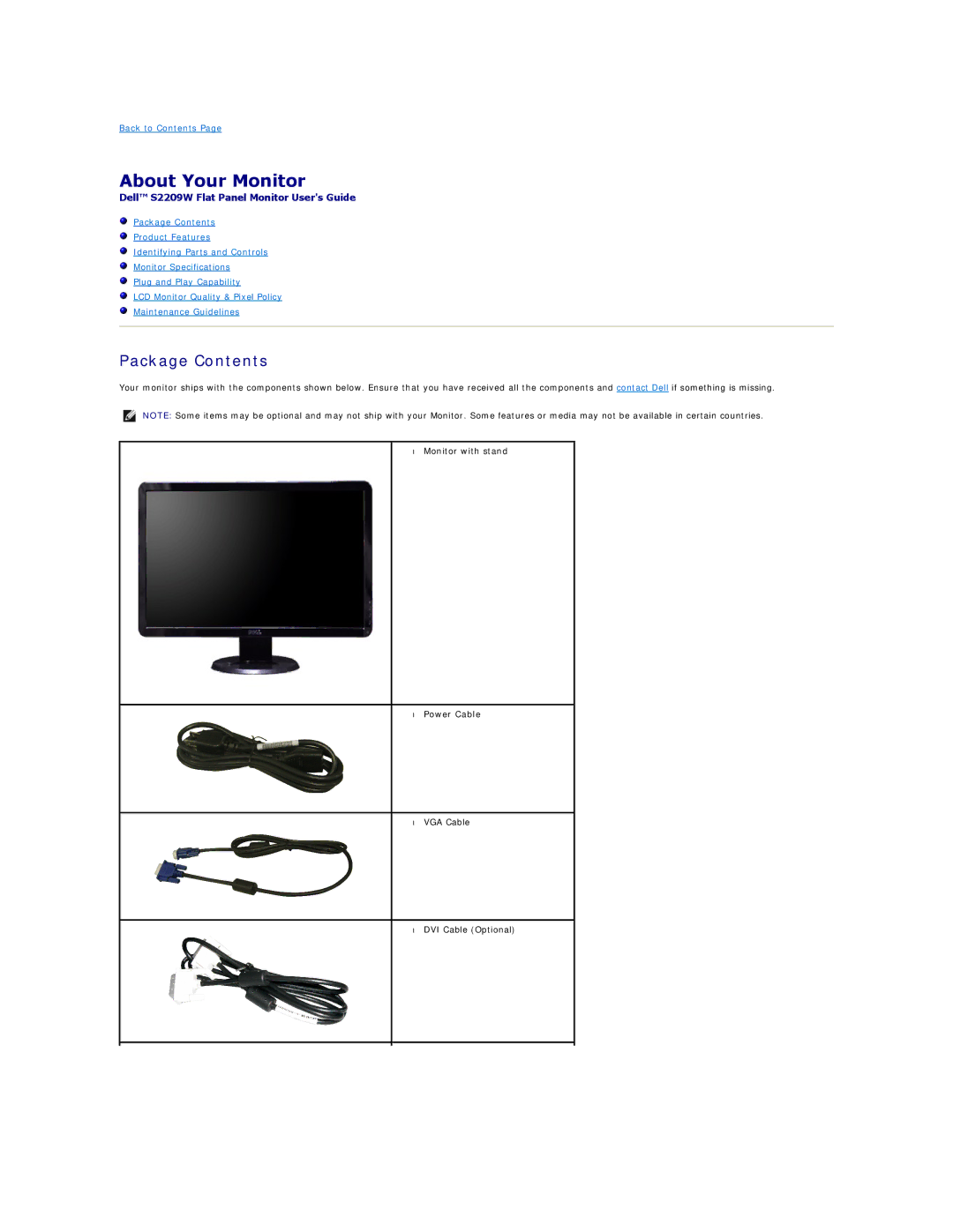 Dell S2209W appendix About Your Monitor, Package Contents 