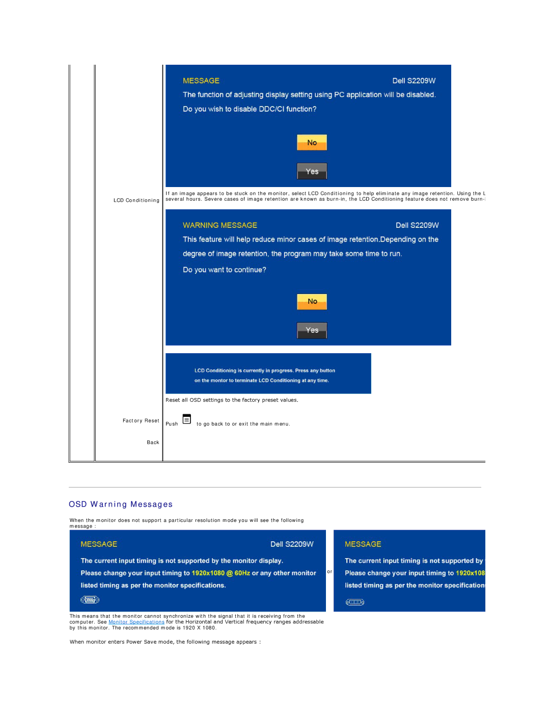 Dell S2209W appendix OSD Warning Messages, LCD Conditioning Factory Reset Back 