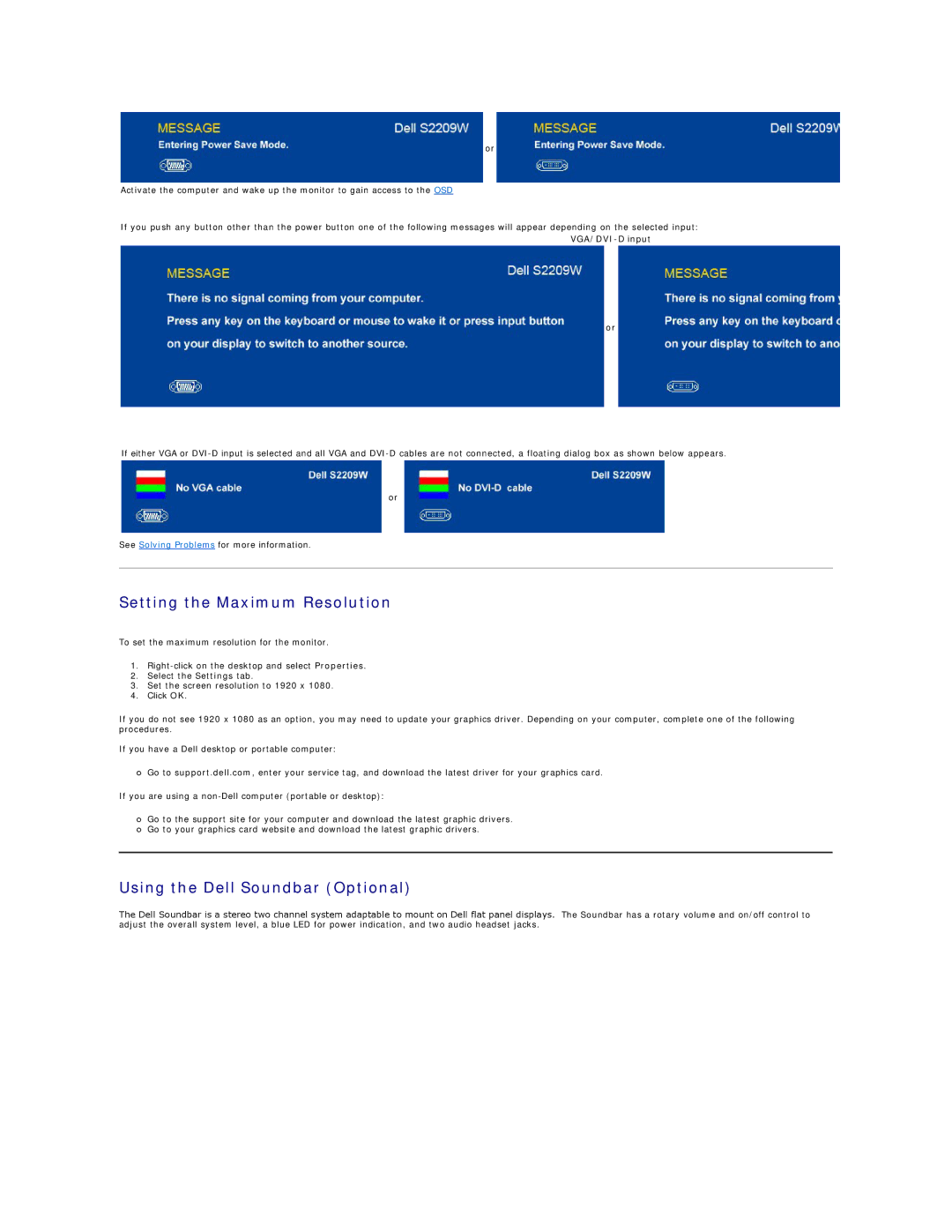 Dell S2209W appendix Setting the Maximum Resolution, Using the Dell Soundbar Optional 
