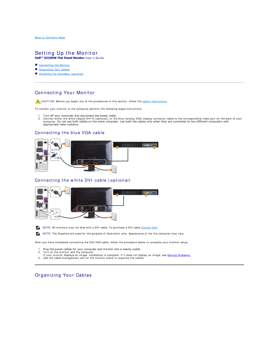 Dell S2209W appendix Setting Up the Monitor, Connecting Your Monitor, Organizing Your Cables 