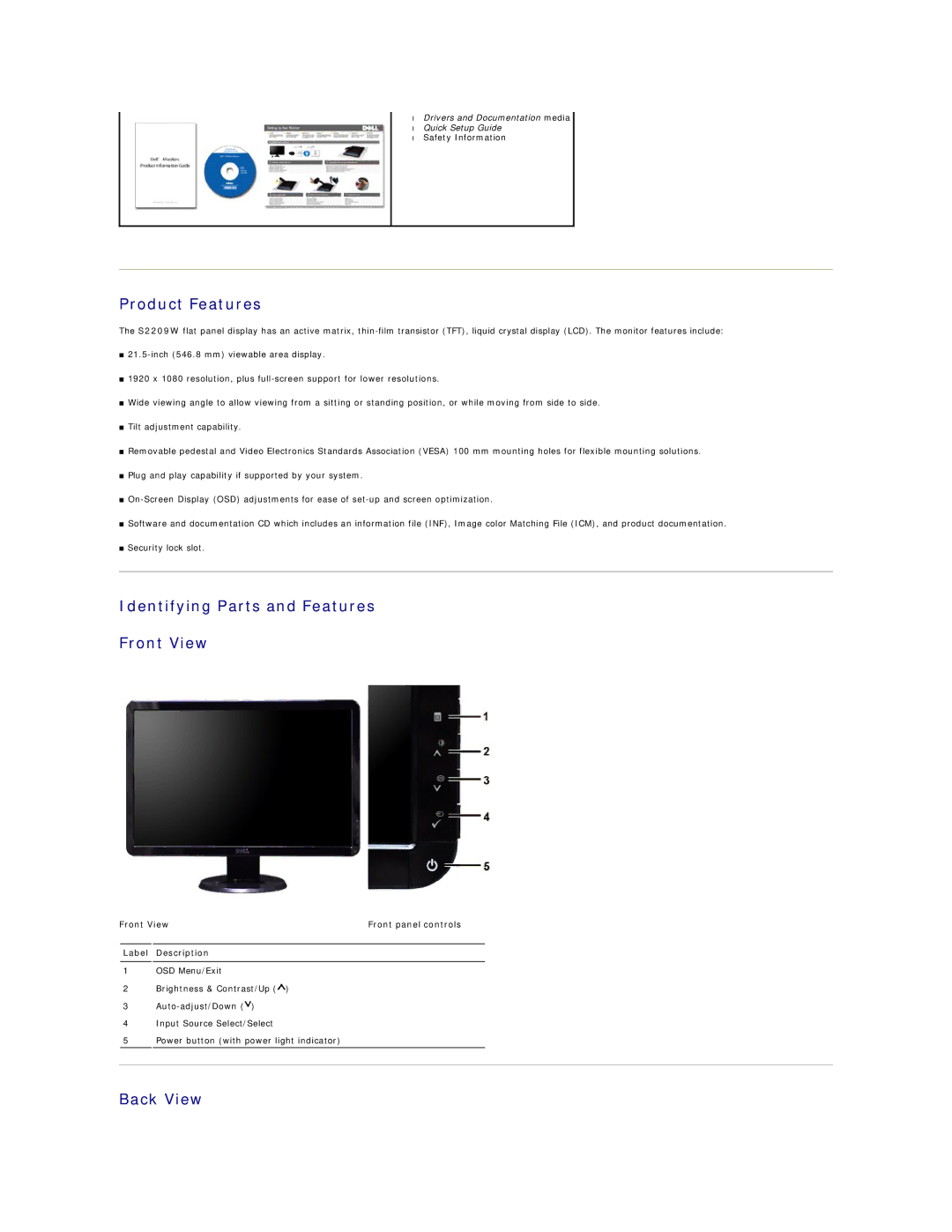 Dell S2209W appendix Product Features, Identifying Parts and Features Front View, Back View 