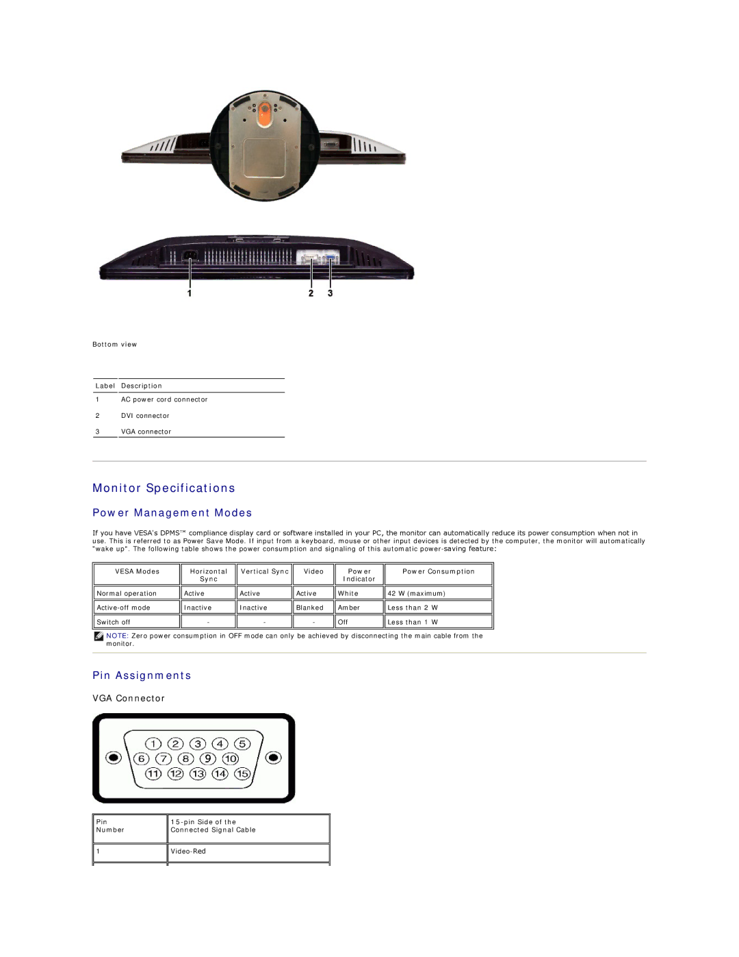 Dell S2209W appendix Monitor Specifications, Power Management Modes, Pin Assignments, Bottom view Label Description 