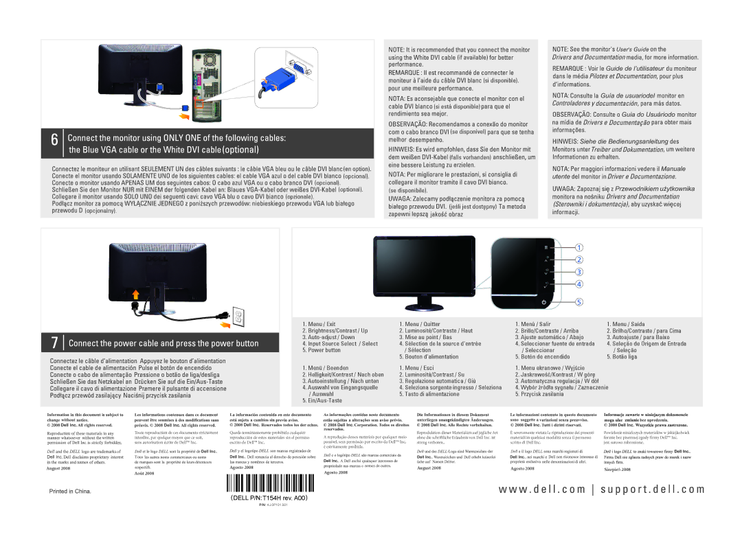 Dell S2209W manual T154H rev. A00, Août, August Agosto, Sierpień 