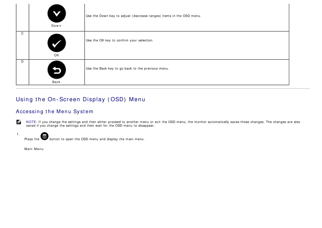 Dell S2330MX, S2230mx manual Down Back, Press, Main Menu 