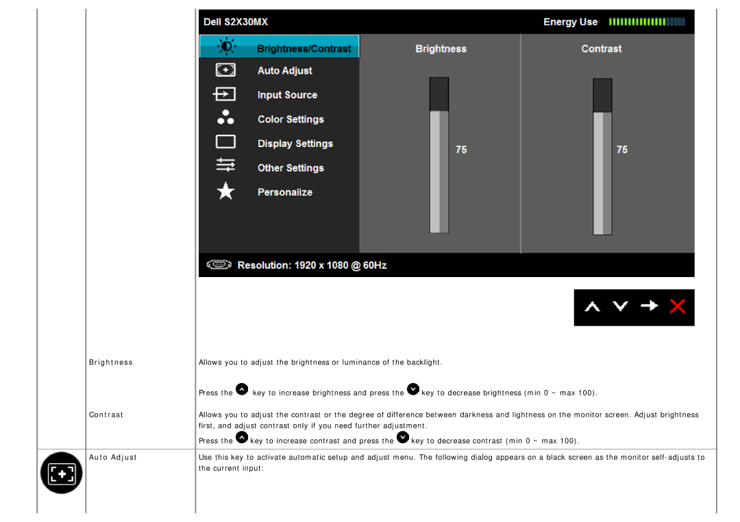 Dell S2330MX, S2230mx manual Brightness, Contrast, Auto Adjust 