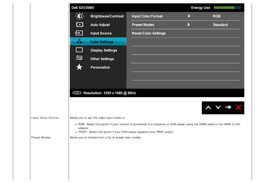 Dell S2230mx, S2330MX manual Input Color Format Preset Modes 